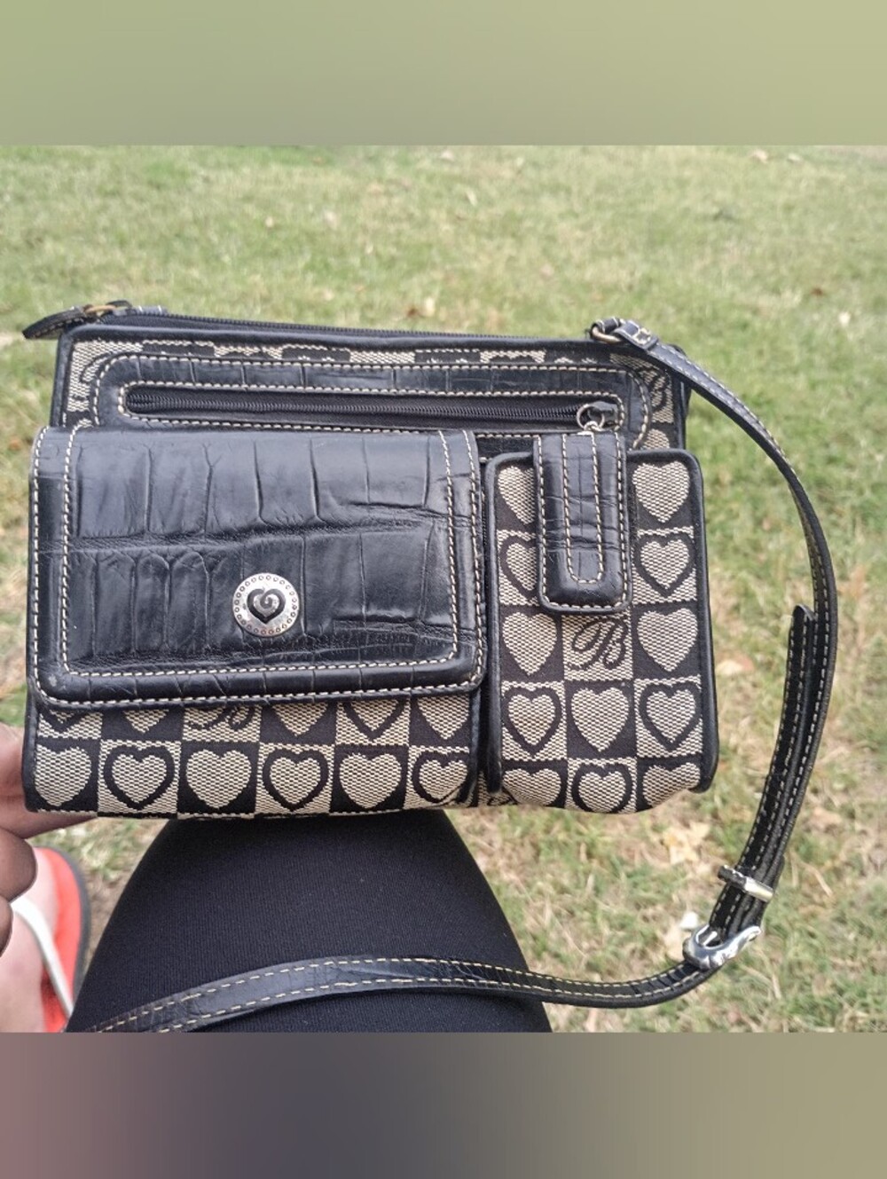Brighton vintage heart-pattern and croc-embossed leather organizer crossbody bag